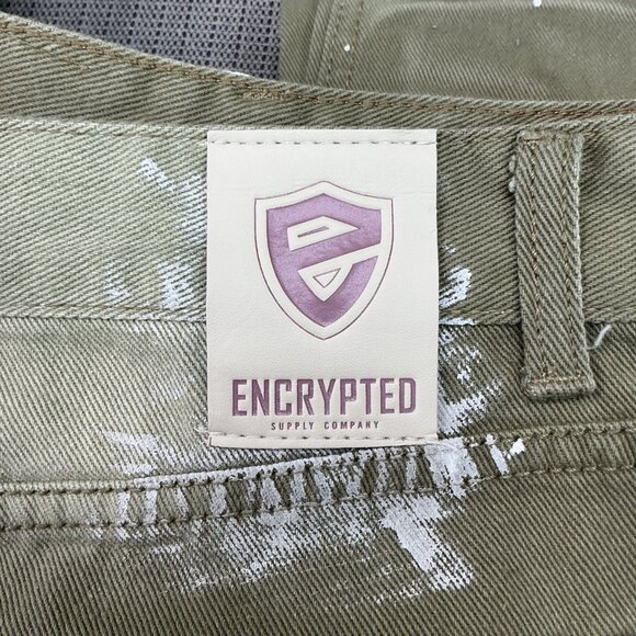 Encrypted Mens Size 38 Olive Green Distressed Paint Splatter Jeans - Picture 4 of 11